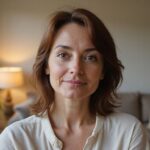 Een middelbare vrouw met een ontspannen houding in een sfeervolle woonkamer