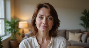 Een middelbare vrouw met een ontspannen houding in een sfeervolle woonkamer