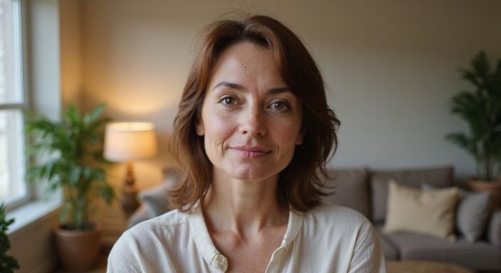 Een middelbare vrouw met een ontspannen houding in een sfeervolle woonkamer. Een middelbare vrouw met een ontspannen houding in een sfeervolle woonkamer wil een oudere vrouwen sexcontact in Amsterdam.