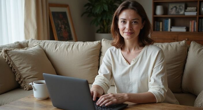 Een vrouw in de veertig zit ontspannen op een sofa met een laptop. Een vrouw in de veertig zit ontspannen op een sofa met een laptop en wil oudere vrouwen sexcontact in Amsterdam.