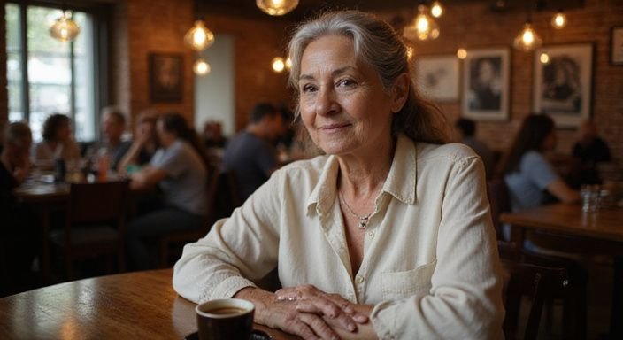 Oudere vrouw geniet van een intieme avond in een café. Oudere vrouw geniet van een intieme avond in een café.