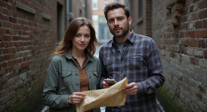 Een man en vrouw bestuderen samen een kaart in een steeg. Een man en vrouw bestuderen samen een kaart in een steeg.