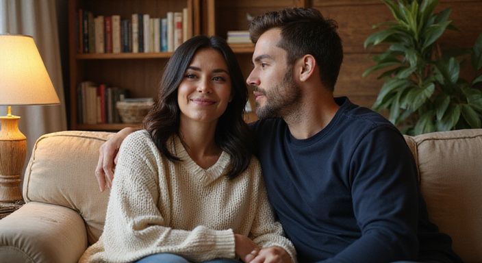 Een man en vrouw hebben een intiem gesprek over oudere vrouwen sexcontact Eindhoven op de bank.