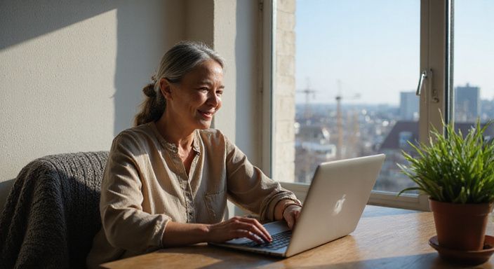Een oudere vrouw glimlacht terwijl ze geconcentreerd naar een laptop kijkt. Een oudere vrouw glimlacht terwijl ze geconcentreerd naar een laptop kijkt.