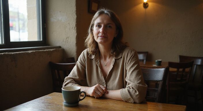 Een zelfverzekerde vrouw zit alleen aan een houten tafel in een restaurant. Een zelfverzekerde vrouw zit alleen aan een houten tafel in een restaurant.