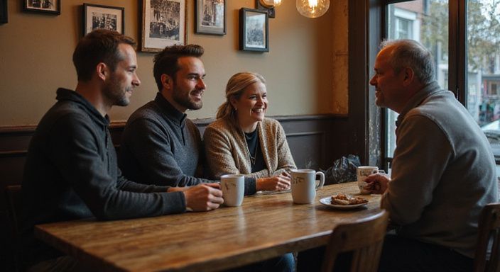 Drie mensen delen verhalen aan een versleten houten tafel in een café. Drie mensen delen verhalen aan een versleten houten tafel in een café.