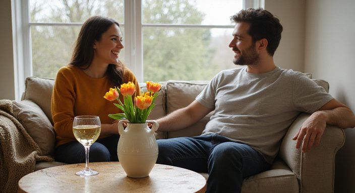 Een gezellig woonkamer met een koppel dat intieme gesprekken deelt. Een gezellig woonkamer met een koppel dat intieme gesprekken over oudere vrouwen sexcontact Rotterdam deelt.