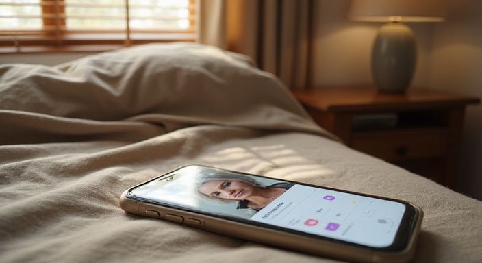 Schermafbeelding van een datingprofiel op een smartphone in slaapkamer. Schermafbeelding van een datingprofiel voor oudere vrouwen sexcontact Rotterdam op een smartphone in slaapkamer.