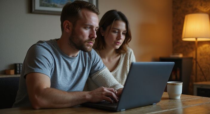 Een man en vrouw werken samen aan een laptop voor digitale privacy. Een man en vrouw werken samen aan een laptop voor digitale privacy.