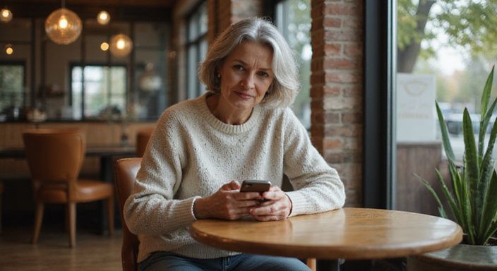 Een oudere vrouw scrollt aandachtig door een dating-app in een café. Een oudere vrouw scrollt aandachtig door een dating-app voor oudere vrouwen sexcontact Rotterdam in een café.