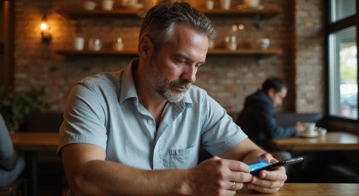 Een middelbare man zit ontspannen met zijn smartphone in een café en wil sexcontact met een latina.