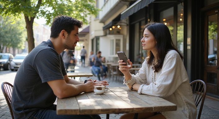 Een man en vrouw hebben een levendig gesprek over sexcontact met een latina in een café.