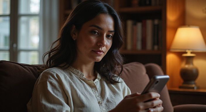 Een vrouw zit ontspannen met haar smartphone in een comfortabele kamer.