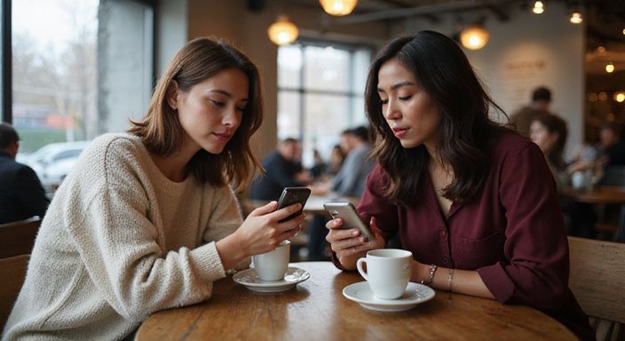 Twee vrouwen bekijken hun telefoons tijdens een gesprek over sexcontact met een latina in een café.