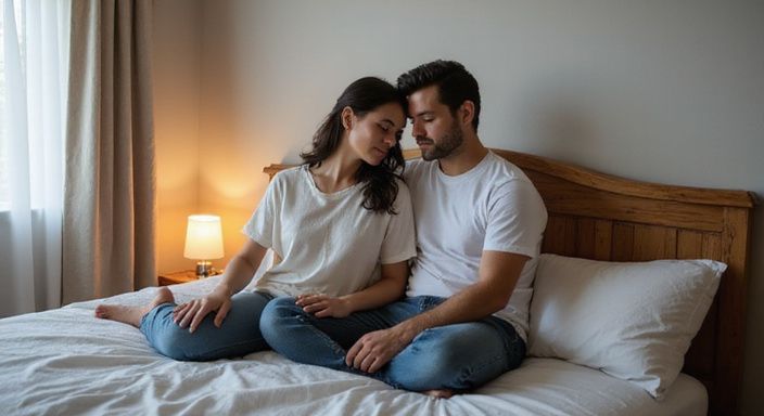 Een man en vrouw zitten intiem op een bed.
