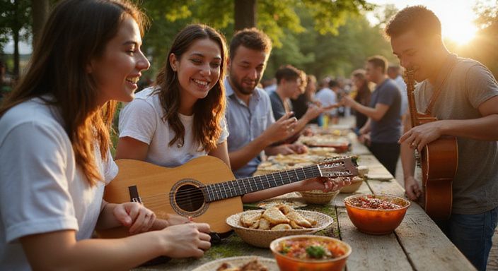 Groep jonge volwassenen geniet van een levendig buitenfeest met muziek en eten.