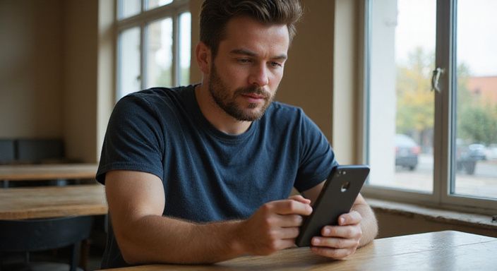 Een man kijkt aandachtig naar zijn smartphone met profielen van vrouwen.