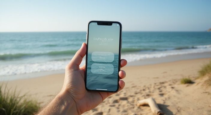 Een hand houdt een smartphone boven een serene naaktstrandscène.