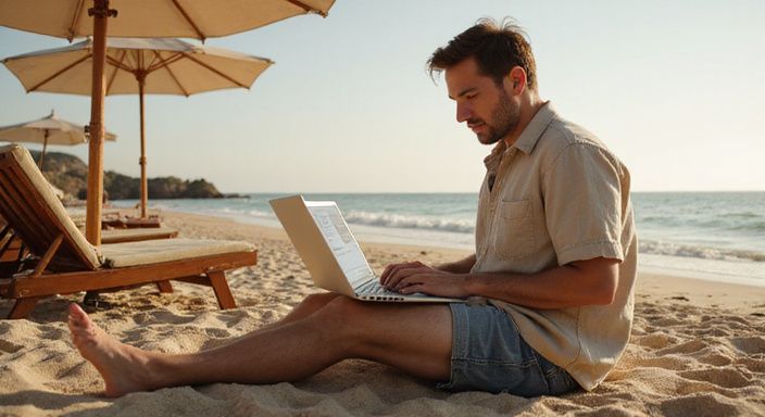 Een man zit ontspannen op het strand met een laptop.
