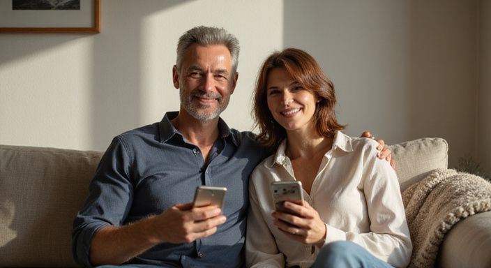 Een stel zit samen op een bank en bekijkt een datingapp voor sexcontact met een nudiste.