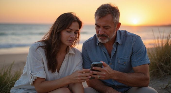 Een man en vrouw scrollen samen op een smartphone op het strand.