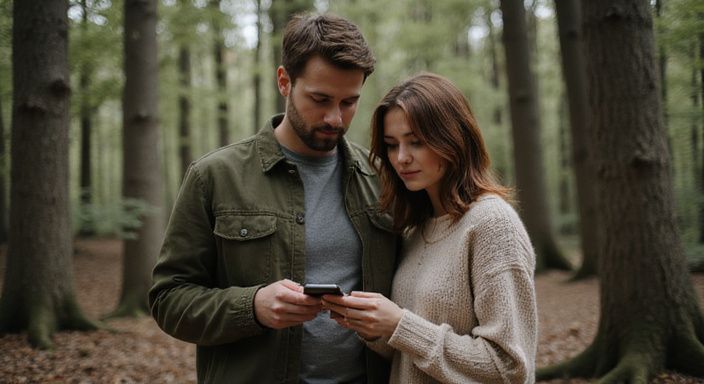 Een stel in de natuur controleert hun smartphones in een bos.