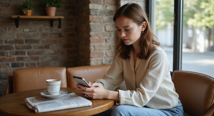 Jonge vrouw in een café zoekt op haar smartphone naar sexcontact met een nudiste.