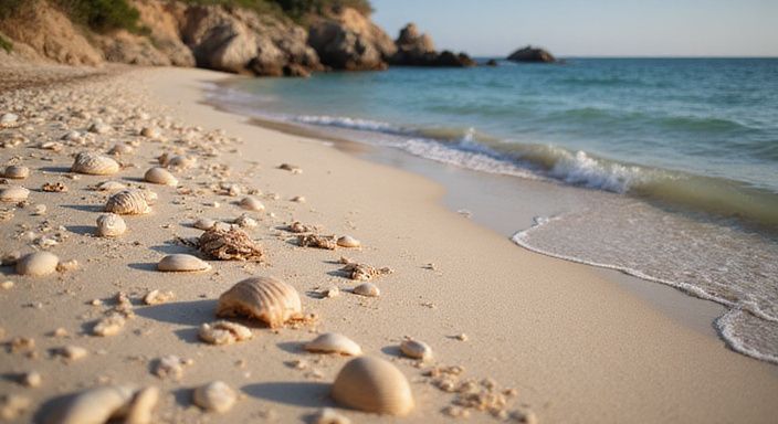 Een rustige, afgelegen baai met fijn zand en schelpen.