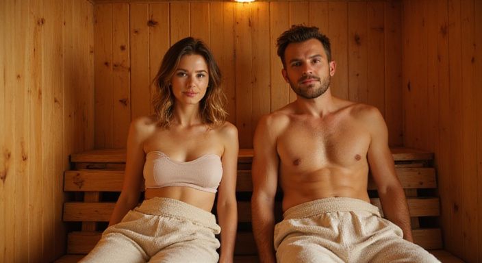 Een man en vrouw ontspannen samen in een privé sauna en hebben sexcontact in de sauna.