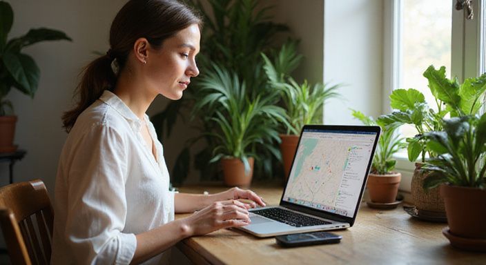 Een vrouw werkt geconcentreerd aan haar laptop in een gezellige thuiskantoor.