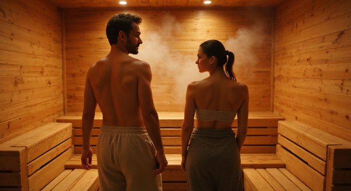 Twee mensen bespreken opties voor sexcontact in de sauna.