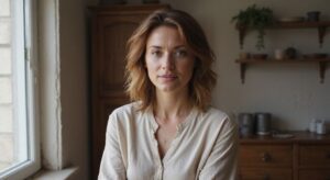 Een vrouw in haar veertiger jaren straalt vertrouwen en benaderbaarheid uit