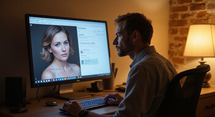 Een vrouw op een computer monitor met een online profiel. Een vrouw op een computer monitor met een online profiel voor BDSM sexcontact met oudere vrouwen.