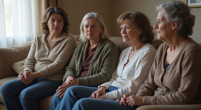 Een groep vrouwen heeft een intieme discussie in een huiskamer. Een groep vrouwen heeft een intieme discussie in een huiskamer.