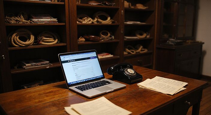 Een persoon werkt aan een vintage bureau met BDSM-interesses. Een persoon werkt aan een vintage bureau met BDSM-interesses.