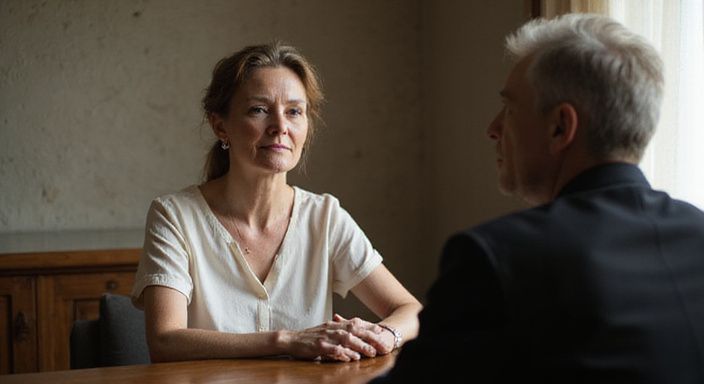 Een vrouw in gesprek met een partner, beiden attent en open. Een vrouw in gesprek over BDSM sexcontact met oudere vrouwen met een partner, beiden attent en open.