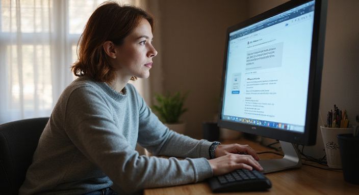 Een vrouw in haar veertig, geconcentreerd aan een computerdesk. Een vrouw in haar veertig, geconcentreerd aan een computerdesk.