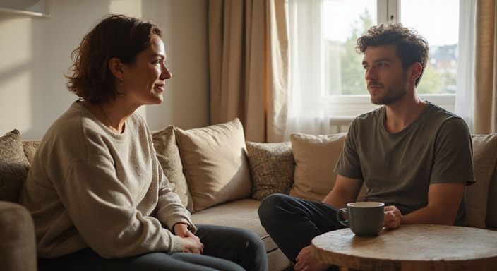 Een vrouw en man delen een ontspannen gesprek over rijpe vrouwen sexcontact Den Haag in een gezellige woonkamer.
