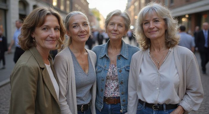 Vijf vrouwen in een intieme conversatie op een drukke straat.