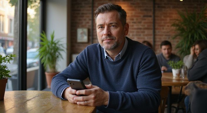 Een man in een café, gefocust op zijn smartphone.