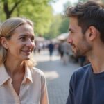 Een vrouw en een jongeman in gesprek op een buiten evenement