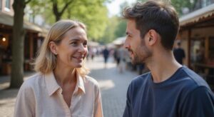 Een vrouw en een jongeman in gesprek op een buiten evenement