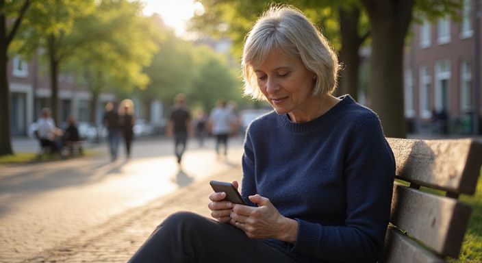 Een vrouw in een park gebruikt geconcentreerd haar smartphone.