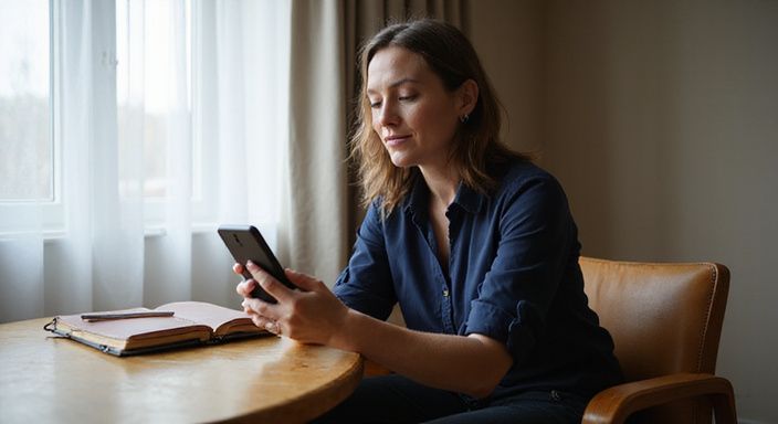 Vrouw boekt voorzichtig een hotelkamer in Den Haag op haar smartphone.