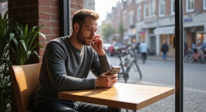 Een man in een café in Den Haag voert een gesprek over rijpe vrouwen sexcontact Den Haag.