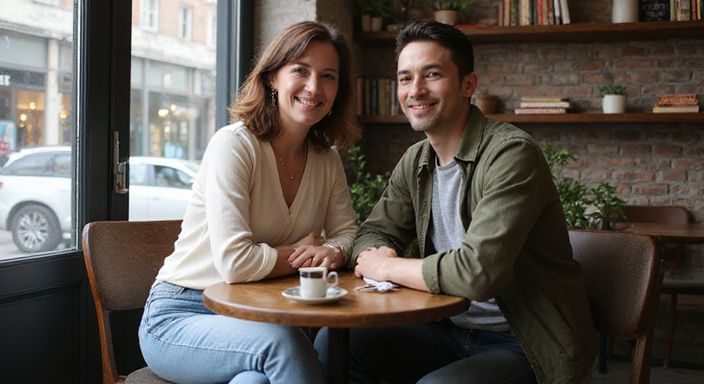 Een volwassen vrouw en een jongeman zitten samen in een café.