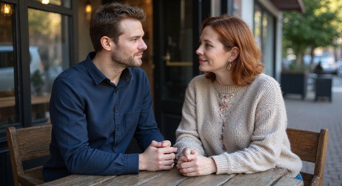 Een man en vrouw zitten intiem aan een tafeltje in een café.