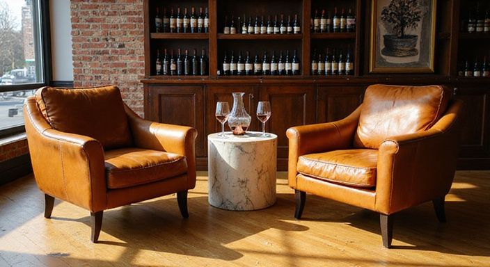 Een elegante wijnbar met cognac leren fauteuils en marmeren tafel. Een elegante wijnbar met cognac leren fauteuils en marmeren tafel.