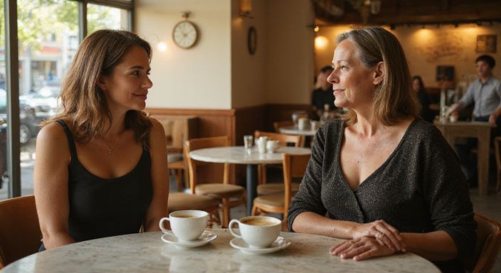 Twee vrouwen van middelbare leeftijd praten in een café over milf versieren.