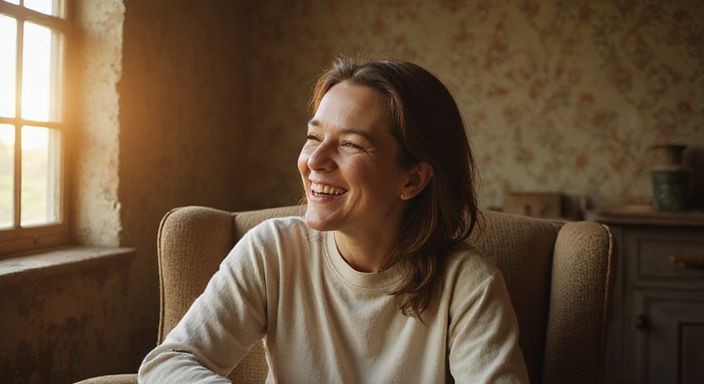 Een vrouw lacht op een versleten stoel in een huiselijke omgeving. Een vrouw lacht op een versleten stoel in een huiselijke omgeving.